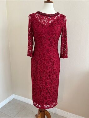 London Times Burgundy Lace Midi Dress with Beaded Collar